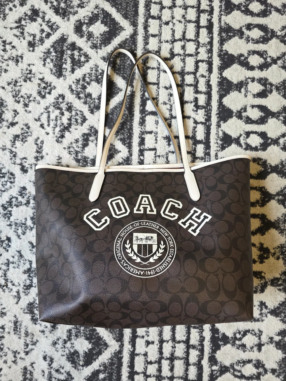 coach brown city tote in signature canvas varsity motif